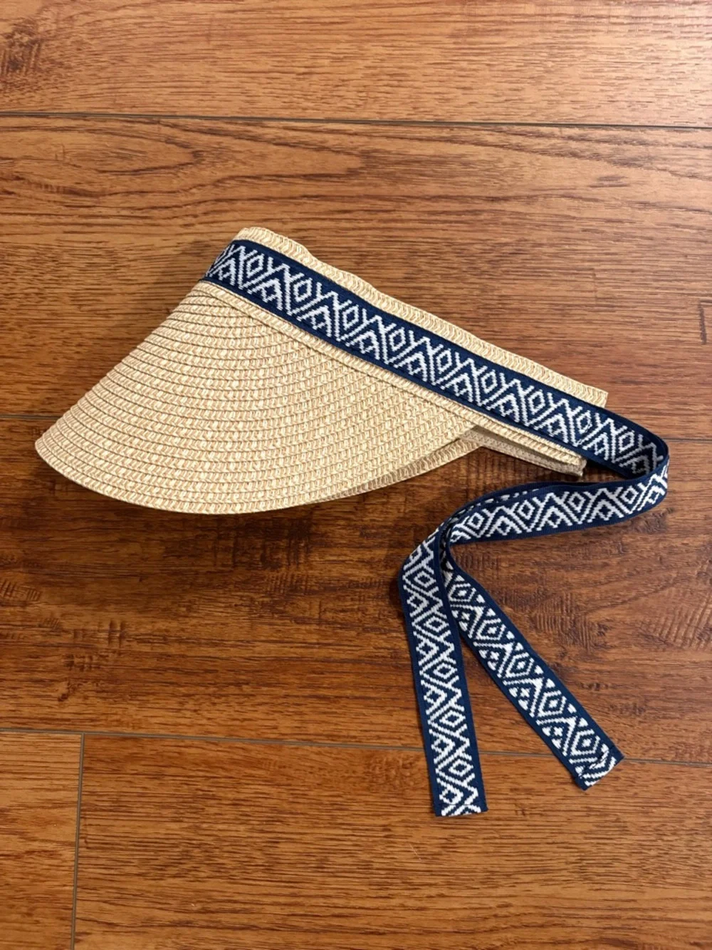 Sea & Grass Straw Visor Navy Ribbon Tie Coastal Preppy Sun Hat